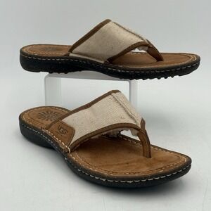 UGG Australia Women's 7 Flip Flop Sandals Canvas Suede Shearling Lined Tan